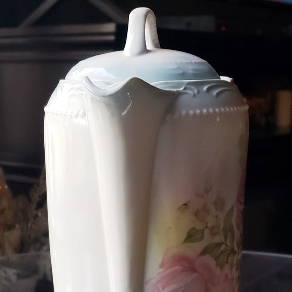 ANTIQUE GERMAN PORCELAIN CERAMIC PINK ROSES CHOCOLATE COFFEE TEA POT - Picture 6 of 14